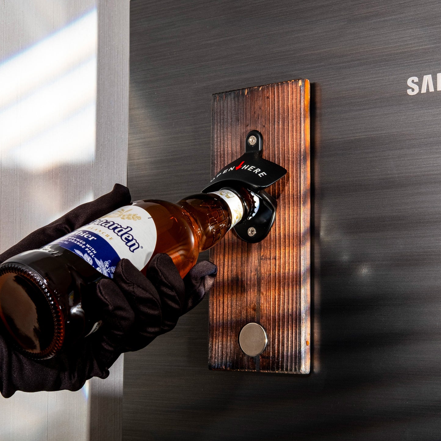 Beer Bottle Opener Wall Mounted with Magnetic Cap Catcher