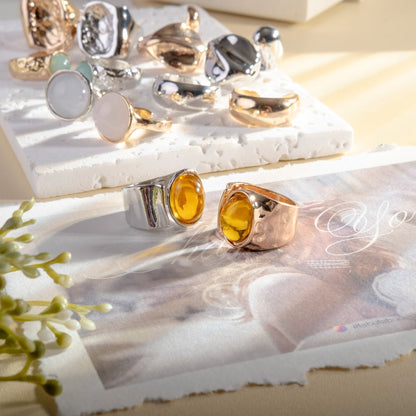 Fabufabu Gold Silver Oval Stone Rings - fabufabu design store